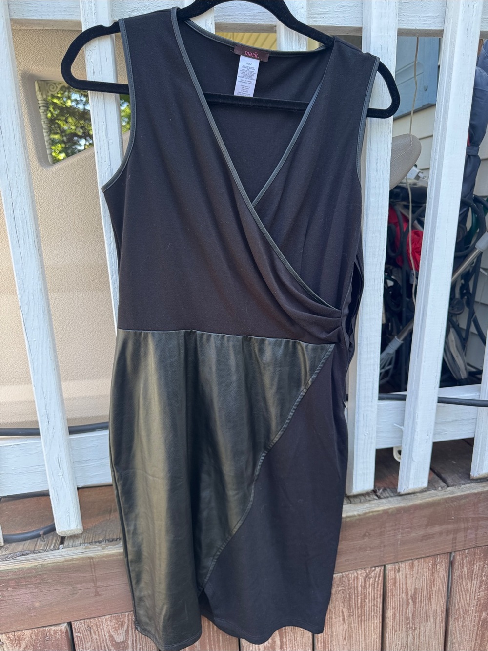 mark. One-Shoulder Black Faux-Leather Trim Wrap Dress